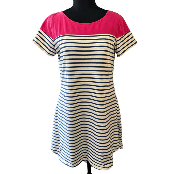 Umgee Navy, Pink and White Striped Color Block Short Sleeve Shirt Dress Size M - Picture 1 of 7
